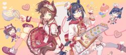  2girls animal_ears baking_sheet black_hair blue_eyes bobby_socks boots bow bowl bowtie breasts brown_hair chef_hat chibi chibi_inset closed_mouth cookie cupcake dress eishin_flash_(collect_chocolatier)_(umamusume) eishin_flash_(umamusume) food green_eyes hair_ornament hairclip hat heart heart-shaped_cookie heart-shaped_food heichicc47 highres holding holding_tray horse_ears horse_girl horse_tail ines_fujin_(melty_gift)_(umamusume) ines_fujin_(umamusume) long_sleeves looking_at_viewer mini_chef_hat multiple_girls notice_lines open_mouth red_shoes shirt shoes short_hair short_sleeves side_ponytail skirt small_breasts smile socks star_(symbol) suspender_skirt suspenders tail thigh-highs tray umamusume visor_cap whisk white_dress white_shirt white_socks white_thighhighs wrist_cuffs 