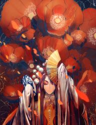  1boy black_hair capelet closed_mouth curtained_hair expressionless eyeshadow facial_mark facing_viewer falling_petals farewell_my_concubine_(the_tale_of_food) feixxxuan floral_background flower folding_fan forehead_mark grey_capelet hair_ornament hand_fan hands_up headdress highres holding holding_fan holding_mask long_hair makeup male_focus mask neck_tassel one_eye_closed oversized_flower parted_bangs peking_opera petals pom_pom_(clothes) pom_pom_hair_ornament poppy_(flower) red_eyeshadow red_flower red_robe red_veil robe sleeves_past_fingers sleeves_past_wrists solo straight-on straight_hair tassel the_tale_of_food upper_body veil water_sleeves 