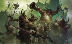  6+others absurdres alexeykruglov banner bell boils chaos_(warhammer) colored_tongue daemon_(warhammer) demon great_unclean_one highres holding holding_banner holding_bell holding_sword holding_weapon long_tongue looking_at_viewer monster monster_focus multiple_others nurgle official_art open_mouth plaguebearer purple_tongue pustules sword tongue total_war total_war:_warhammer warhammer_fantasy weapon 