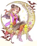  1girl bat blush brown_hair cherry2317 copyright_name crescent dark_lady_(p&amp;d) feather_boa horns looking_at_viewer puzzle_&amp;_dragons redhead sitting smile solo violet_eyes wings 