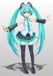  1girl aqua_eyes aqua_hair black_legwear blush boots detached_sleeves hatsune_miku long_hair looking_at_viewer necktie outstretched_arms skirt smile solo t2r thigh_boots thighhighs twintails very_long_hair vocaloid 