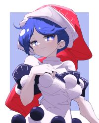  1girl black_dress blue_background blue_eyes blue_hair bright_pupils closed_mouth commentary doremy_sweet dress hand_on_own_chest hat highres light_smile looking_at_viewer parted_bangs pom_pom_(clothes) ryouryou short_sleeves solo touhou two-tone_dress upper_body white_dress white_pupils 