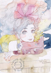  1girl blonde_hair brown_eyes closed_mouth commentary_request dated detached_sleeves earrings final_fantasy final_fantasy_vi floating_hair hair_floating_upwards hair_ribbon jewelry jimiee2022 lips long_hair looking_at_viewer painting_(medium) pale_color ponytail ribbon self_hug solo terra_branford traditional_media twitter_username upper_body watercolor_(medium) watermark 