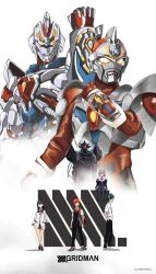  2girls 4boys acceptor alexis_kerib arm_support armor artist_name backpack bag bare_legs black_armor black_cloak black_hair black_pants black_shoes black_skirt black_sweater_vest blue_armor blue_gemstone bow bowtie breastplate brown_shoes cardigan chain clenched_hands cloak collared_shirt commentary copyright_name cropped_torso crossed_ankles denkou_choujin_gridman dress_shirt dual_persona english_text faceless forehead_jewel full_armor full_body gauntlets gem giant giant_male glasses glowing glowing_eyes green_gemstone green_hair green_necktie grey_pantyhose gridman_(character) gridman_(ssss) gridman_universe hand_up hands_in_pockets hibiki_yuuta highres horns jacket knees_together_feet_apart loafers long_hair looking_ahead looking_at_viewer male_focus mecha miniskirt multicolored_armor multiple_boys multiple_girls necktie orange_scrunchie pants pantyhose pink_hair pleated_skirt purple_bow purple_bowtie purple_jacket red_armor red_bag red_bow red_bowtie red_eyes red_hair red_necktie red_shoes robot school_uniform scrunchie shadow shinjou_akane shirt shoes short_hair short_sleeves shoulder_armor simple_background sitting skirt ssss.gridman standing sweater_vest takarada_rikka three-quarter_sleeves tokusatsu toned toned_male ultrataku utsumi_shou white_background white_cardigan white_shirt white_shoes wrist_scrunchie wristband yellow_eyes 