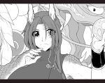  1girl breasts chinese_clothes dragon dragon_girl eastern_dragon hair_over_eyes heterochromia hong_meiling hong_meiling_(dragon) horns large_breasts long_hair monochrome monster_girl muscle neko_majin orb pointy_ears scales sleeveless solo_focus touhou wristband 