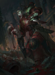  1boy absurdres adeptus_astartes alexeykruglov blood_angels carrying_corpse combat_knife corpse helmet highres holding holding_knife knife male_focus ruins shell_casing solo unworn_headwear unworn_helmet warhammer_40k weapon 