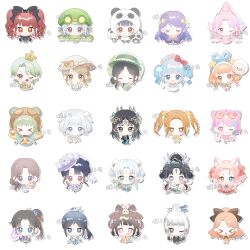  6+girls alternate_color among_bamboo_shadows_(infinity_nikki) animal animal_costume animal_on_head artist_name balloon balloon_trip_(infinity_nikki) baobao_(infinity_nikki) baonu_de_zhanshen_caibutou blue_hanfu blunt_bangs blushbunny_(infinity_nikki) cat chibi chinese_clothes chinese_commentary circlet closed_eyes clothed_animal cloud_daydreams_(infinity_nikki) clouded_loong_(infinity_nikki) commentary_request croaker_(infinity_nikki) demon_horns demon_wings drawn_horns drawn_wings dress drill_hair enchanted_encounter_(infinity_nikki) eyelashes eyewear_on_head forever_bond_(infinity_nikki) frog froggy_fashion_(infinity_nikki) gossamer_moonfairy_(infinity_nikki) gown grey_hair hagoromo hanfu happy hat hidden_light_(infinity_nikki) holding holding_balloon holding_sword holding_weapon horns idol infinity_nikki long_hair lotus_heart_(infinity_nikki) midnight_gleam_(infinity_nikki) mistbound_whispers_(infinity_nikki) misty_poetics_(infinity_nikki) momo_(nikki) multiple_girls nightlight_whispers_(infinity_nikki) nikki_(series) nimble_cat_(infinity_nikki) on_head panda panda_costume pink_hair pink_ribbon_waltz_(infinity_nikki) purple_hair rabbit rabbit_on_head red_eyes red_hair shawl simple_background sky_supplier_(infinity_nikki) sleeves_past_fingers sleeves_past_wrists standing star_sea_(nikki) starry_path_(infinity_nikki) stylist_(nikki) sun_hat sweet_rhapsody_(infinity_nikki) sword sword_master_(infinity_nikki) thought_in_bloom_(infinity_nikki) tide_of_tears_(infinity_nikki) twilight_oath_(infinity_nikki) twin_drills twintails weapon white_background white_cat wings y2k_fashion 