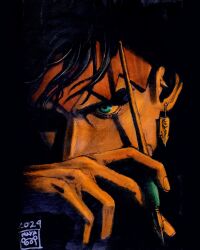  1boy 2024 aqua_eyes black_hair close-up earrings english_commentary eye_focus headband highres holding holding_pen jewelry jojo_no_kimyou_na_bouken kishibe_rohan kishibe_rohan_wa_ugokanai looking_at_viewer male_focus maya_panda nib_pen_(object) orange_headband pen signature solo traditional_media 