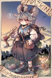  ! 1girl animal_ears black_dress black_shoes blush character_name dress grey_hair highres long_sleeves mame_komari mouse_(animal) mouse_ears nazrin red_eyes shoes short_hair socks solo spyglass standing touhou white_socks 