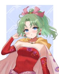  1girl blue_background blue_eyes blush border breasts cape detached_sleeves dress earrings final_fantasy final_fantasy_vi hair_ribbon hand_in_own_hair highres jewelry long_hair medium_breasts parted_bangs parted_lips pink_ribbon ponytail red_dress red_sleeves ribbon sash solo strapless strapless_dress terra_branford tube_dress upper_body waist_sash white_border yellow_cape yua_666666 