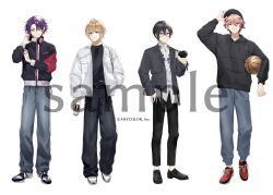  4boys bag baggy_pants ball baseball_cap basketball_(object) belt black-framed_eyewear black_belt black_hair black_hat black_hoodie black_jacket black_pants black_shirt black_shoes blazer blonde_hair blue_eyes blue_pants camera carrying carrying_under_arm closed_mouth collared_shirt colored_inner_hair copyright_notice cowlick crew_neck cup curtained_hair disposable_cup floral_print_shirt full_body fura_kanato glasses grin hair_between_eyes hair_intakes hand_in_pocket hand_on_headphones hand_on_headwear hand_on_own_arm hand_on_own_hip hat headphones headphones_around_neck holding holding_ball holding_camera holding_cup hood hood_down hoodie inaotteko_ze jacket jewelry lapels lineup loafers long_sleeves looking_at_viewer male_focus multicolored_hair multicolored_jacket multiple_boys nijisanji notched_lapels official_art open_clothes open_jacket orange_hair pants pink_hair print_shirt purple_hair red_eyes red_hair red_jacket red_shoes ring sample_watermark seraph_dazzlegarden shikinagi_akira shirt shirt_tucked_in shoes short_hair shoulder_bag simple_background smile sneakers standing streaked_hair track_jacket two-tone_jacket untucked_shirt v-shaped_eyebrows violet_eyes virtual_youtuber voltaction watarai_hibari watermark white_background white_jacket white_shirt white_shoes yellow_eyes 