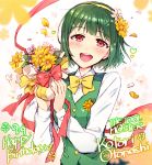  1girl :d blush bow character_name copyright_name dated english flower green_hair hair_flower hair_ornament hairband happy_birthday idolmaster long_sleeves mole open_mouth otonashi_kotori red_eyes redrop short_hair signature smile solo vest 