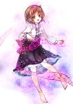  1girl anklet bare_legs brown_eyes brown_hair cis_(carcharias) dress_shirt hairband jewelry looking_at_viewer musical_note open_mouth shirt short_hair skirt smile solo touhou tsukumo_yatsuhashi 
