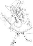  1girl apron bow braid broom curiosities_of_lotus_asia hair_bow hat hat_bow highres kirisame_marisa long_hair looking_at_viewer mini-hakkero monochrome open_mouth single_braid solo suzushoku_hiro touhou very_long_hair witch witch_hat wrist_cuffs 