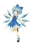  blue_eyes blue_hair bow cirno fang hair_bow highres ice ice_wings mary_janes outstretched_arms shoes tm-pika touhou wings 