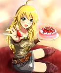  1girl :d ahoge araburu-hinadori birthday_cake blonde_hair breasts cake casual feeding food fruit green_eyes happy highres hoshii_miki idolmaster jewelry miniskirt necklace open_mouth pink_legwear skirt smile strawberry thighhighs 