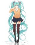  1girl absurdly_long_hair aqua_eyes aqua_hair bespectacled glasses hair_ribbon hatsune_miku highres long_hair ribbon simple_background skirt solo sweater thighhighs twintails very_long_hair vocaloid white_background 