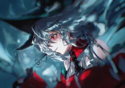  1girl absurdres angelfish aqua_gloves aqua_hat arknights ascot bare_shoulders black_ascot blurry_edges breasts detached_sleeves dress film_grain fish floating_hair gloves grey_hair hair_between_eyes hair_ribbon hat highres long_hair long_sleeves medium_breasts off-shoulder_dress off_shoulder official_alternate_costume parted_lips profile red_dress red_eyes red_sleeves ribbon skadi_(arknights) skadi_the_corrupting_heart_(arknights) solo sudadachi tropical_fish upper_body very_long_hair 