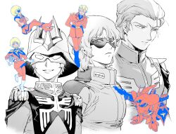  3boys aeug age_progression averting_eyes blonde_hair char&#039;s_counterattack char_aznable frown greyscale grin gundam hair_slicked_back helmet highres looking_at_viewer male_focus mask mecha_pilot_suit military_uniform mobile_suit mobile_suit_gundam monochrome multiple_boys multiple_persona neo_zeon newo_(shinra-p) normal_suit_(gundam) quattro_bajeena sazabi smile spot_color sunglasses zeon zeta_gundam 