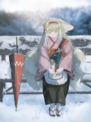  1girl animal_ears apron arknights black_hakama blonde_hair chinese_commentary closed_eyes closed_umbrella coin_purse commentary_request flower fox_ears fox_girl fox_tail gumiaoandpeace hair_flower hair_ornament hairband hakama highres japanese_clothes kimono long_hair official_alternate_costume pink_kimono pinwheel red_hairband sandals sitting snow solo suzuran_(arknights) suzuran_(yukibare)_(arknights) tail umbrella waist_apron white_apron 