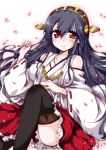  1girl black_hair blush boots breasts detached_sleeves hairband haruna_(kantai_collection) japanese_clothes kanatsu kantai_collection large_breasts long_hair looking_at_viewer personification petals red_eyes skirt smile solo thigh_boots thighhighs 