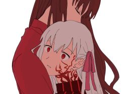  2girls brown_hair closed_eyes commentary_request dark_sakura empty_eyes facial_mark fate/stay_night fate_(series) hair_ribbon heaven&#039;s_feel highres hug matou_sakura modoru_5 multiple_girls red_eyes ribbon siblings sisters tohsaka_rin turtleneck white_hair 