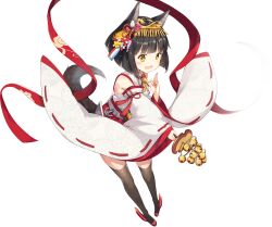  1girl :d alisa_(kuro_no_sakura) anchor animal_ears azur_lane bare_shoulders bell black_hair black_thighhighs blunt_bangs blush bob_cut detached_sleeves floral_print flower fox_ears fox_girl fox_tail from_above full_body hagoromo hair_ornament hand_up haori highres holding holding_staff japanese_clothes jingle_bell kagura_suzu kouhaku_nawa legs_apart long_sleeves mutsu_(azur_lane) non-web_source official_art open_mouth outstretched_arm perspective pigeon-toed red_shoes ribbon-trimmed_clothes ribbon-trimmed_sleeves ribbon_trim rope sakuramon shawl shide shimenawa shoes short_hair smile solo staff standing tachi-e tail thigh-highs transparent_background wide_sleeves yellow_eyes zettai_ryouiki 