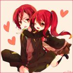  1boy 1girl brother_and_sister free! highres hug indian_style long_hair matsuoka_gou matsuoka_rin nicole_(usako) ponytail red_eyes redhead school_uniform short_hair siblings sitting teeth track_suit wink 