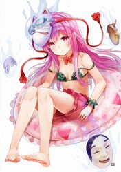  1girl 77gl absurdres adapted_costume aura bloomers fox_mask goggles hair_ornament hair_ribbon hata_no_kokoro highres innertube long_hair mask noh_mask pink_eyes pink_hair ribbon strap_slip swimsuit touhou underwear wrist_cuffs 