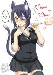  1girl animal_ears artist_name blush cat_ears cat_tail cattail eyepatch go-it headgear heart kantai_collection kemonomimi_mode open_mouth personification plant purple_hair short_hair sweatdrop tail tenryuu_(kantai_collection) thighhighs trembling yellow_eyes 