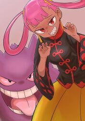  1girl absurdres black_jacket commentary_request earrings eyelashes gengar grey_background grin hair_rings hands_up hanten_(hantennano) high_collar highres jacket jewelry long_hair looking_at_viewer nail_polish pink_hair pokemon pokemon_(creature) pokemon_masters_ex punk_girl_(pokemon) raised_inner_eyebrows red_eyes red_nails sharp_teeth skirt smile teeth yellow_skirt 