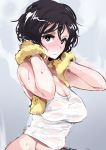  1girl ario black_hair blush breasts cleavage large_breasts looking_at_viewer original rough see-through short_hair solo tank_top towel wet 
