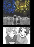  2girls akiyama_mio arien black_eyes black_hair blush comic festival fireworks happy japanese_clothes k-on! kimono long_hair multiple_girls open_mouth smile tainaka_ritsu yuri 