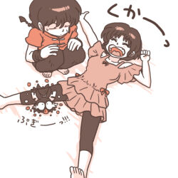  1boy 1girl animal bandana barefoot chinese_clothes open_mouth p-chan pig ranma_1/2 saotome_ranma short_hair tangzhuang teeth tendou_akane toes translation_request wanta_(futoshi) 