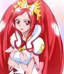  1girl bow cure_ace dokidoki!_precure hair_bow hair_ornament hair_ribbon heart lipstick long_hair looking_at_viewer madoka_aguri magical_girl makeup manji_(tenketsu) precure red_eyes redhead ribbon simple_background skirt smile solo white_background 