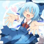  1girl blue_dress blue_hair bow bust cirno closed_eyes do_(4-rt) dress hair_bow heart ice ice_wings incoming_hug looking_at_viewer open_mouth outstretched_arms puffy_sleeves shirt short_sleeves smile solo touhou wings 