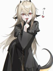  1girl 3shine_02 :p aged_down black_dress black_nails blonde_hair collared_dress colored_extremities commentary_request cowboy_shot dress finger_to_tongue fingernails gown gradient_skin grey_background hair_between_eyes hair_intakes heart highres horn_ornament horns juliet_sleeves long_hair long_sleeves looking_at_viewer mixed_horns path_to_nowhere puffy_sleeves red_eyes scar scar_across_eye scar_on_face sharp_fingernails simple_background sleeve_belt solo synex_(path_to_nowhere) tail tongue tongue_out very_long_hair 