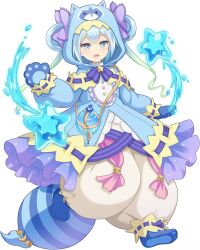  1girl :d animal_ear_hood animal_hands blue_eyes blue_gloves blue_hoodie blue_shoes blush bow bright_pupils crescent double-parted_bangs double_bun full_body game_cg gloves hair_bow hair_bun hair_through_hood highres hood hoodie hydrokinesis long_hair long_sleeves looking_at_viewer non-web_source official_art ongeki open_mouth pants paw_gloves pink_pupils puffy_long_sleeves puffy_pants puffy_sleeves purple_bow red_panda_hood red_panda_tail shoes simple_background smile solo star_(symbol) suzushima_arisu tail transparent_background water white_pants 