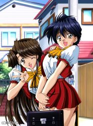  :d ;d absurdres aihara_takuya akazaki_yasuma breasts briefcase brown_hair highres holding holding_briefcase katakiri_asuka long_hair medium_breasts official_art one_eye_closed open_mouth red_skirt red_vest ribbon scan short_hair skirt smile v vest x-change_(series) x-change_2 yellow_ribbon 