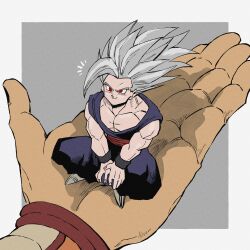  2boys border dougi dragon_ball dragon_ball_super dragon_ball_super_super_hero grey_background grey_hair highres living_(nsiring) long_hair multiple_boys muscular muscular_male orange_piccolo pants piccolo purple_pants purple_shirt red_eyes red_sash sash shirt simple_background sitting solo_focus spiky_hair white_border 