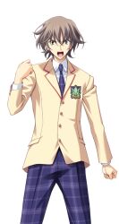  1boy angry blazer brown_hair brown_jacket chaos;head clenched_hand collared_shirt cowboy_shot dress_shirt earrings furious game_cg green_eyes jacket jewelry lapels looking_at_viewer male_focus matsuo_yukihiro misumi_daisuke necktie notched_lapels official_art open_mouth pants plaid_clothes plaid_necktie plaid_pants purple_necktie purple_pants raised_fist red_trim school_emblem school_uniform science_adventure shirt short_hair simple_background smile solo sprite standing suimei_academy_school_uniform teeth tongue transparent_background white_shirt 
