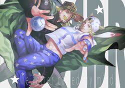 2boys absurdres blonde_hair blue_eyes bridal_gauntlets brown_hair cape commentary_request green_eyes gyro_zeppeli hat highres johnny_joestar jojo_no_kimyou_na_bouken long_hair multiple_boys nail_polish realistic steel_ball_run zluu