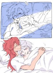  2girls blush closed_eyes closed_mouth commentary_request cuddling dated gundam gundam_suisei_no_majo koma_(remi_398) long_hair miorine_rembran multiple_girls one_eye_closed parted_lips pillow shirt sleeping smile suletta_mercury thick_eyebrows twitter_username under_covers white_shirt yuri 