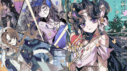  4girls absurdres anjo_nala apple apron bare_shoulders black_dress black_gloves black_hair blue_butterfly blue_dress blue_veil bug butterfly demon_girl demon_horns dress film_grain floating_hair flower food fruit glasses gloves green_dress grin hair_flower hair_ornament hand_up hat highres horns isolde_(reverse:1999) juliet_sleeves kaalaa_baunaa kakania_(reverse:1999) long_hair long_sleeves looking_at_viewer multiple_girls official_alternate_costume puffy_sleeves reverse:1999 sleeveless sleeveless_dress smile upper_body veil violet_eyes white_apron white_dress white_flower white_hat yellow_butterfly yellow_eyes yuzu_(parasitic_910) 