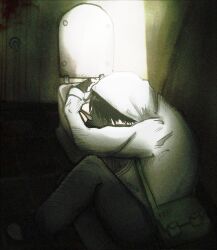  1boy bag bathroom black_gloves black_hair blood blood_stain crack_of_light cry_of_fear curled_up elbow_rest fingerless_gloves gloves grey_hoodie highres hood hood_up hoodie knee_up limited_palette male_focus short_hair shoulder_bag simon_henriksson solo toilet yumethepoet 