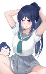  1girl arms_up blush_stickers breasts character_doll commentary doll feet_out_of_frame hair_tie_in_mouth highres indian_style large_breasts looking_at_viewer love_live! love_live!_sunshine!! matsuura_kanan mikami_sy mouth_hold nesoberi parted_bangs school_uniform serafuku shirt short_sleeves sidelocks simple_background sitting solo tying_hair uranohoshi_school_uniform violet_eyes watermark white_background white_shirt 