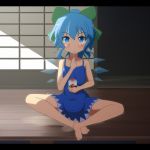  1girl barefoot blue_eyes blue_hair cato_(monocatienus) cirno ice ice_wings shaved_ice sitting solo touhou wings 