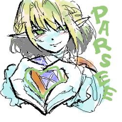  1girl arm_warmers blonde_hair blush character_name closed_mouth drawfag english_text green_eyes hair_between_eyes heart heart_hands light_smile looking_at_viewer lowres mizuhashi_parsee oekaki pointy_ears scarf short_hair smile solo touhou upper_body white_background 