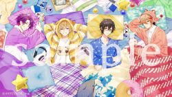  4boys akaiko_(seraph_dazzlegarden) animal_ear_hairband animal_ears animal_hat animal_hood animal_print arm_behind_head arms_behind_head ball black-framed_eyewear black_hair blonde_hair blue_eyes blue_pajamas blue_shirt book cardigan cassette_tape cat_ears cat_hat cd_case colored_inner_hair copyright_notice cowlick crossed_arms curtained_hair dog_hood dog_print donut-shaped_pillow fake_animal_ears floral_print from_above fura_kanato glasses grin hair_between_eyes hair_intakes hairband hat headphones hood hood_up hooded_jacket hugging_object inaotteko_ze jacket kiironoko_(fura_kanato) lineup long_sleeves looking_at_viewer lying magazine_(object) male_focus multicolored_hair multiple_boys nightcap nijisanji official_art on_back on_bed on_side one_eye_closed open_clothes open_jacket orange_cardigan orange_hair orange_hat pajamas photo_(object) pillow pillow_hug pink_hair polaroid_camera polka_dot polka_dot_pajamas polka_dot_shirt print_shirt purple_hair purple_pajamas purple_shirt red_eyes red_hair sample_watermark seraph_dazzlegarden shikinagi_akira shirt short_hair sleep_mask sleepover sleeve_cuffs smile star_(symbol) star_balloon star_print streaked_hair striped_clothes striped_jacket stuffed_animal stuffed_shark stuffed_toy turtleneck turtleneck_shirt two-tone_shirt under_covers upper_body violet_eyes virtual_youtuber voltaction watarai_hibari watermark white_shirt wing_collar yellow_eyes yellow_jacket yellow_pajamas 