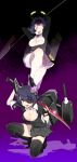  2girls black_legwear breasts cleavage eyepatch fingerless_gloves gloves glowing glowing_eyes headgear highres kantai_collection looking_at_viewer mechanical_halo multiple_girls open_mouth personification purple_hair samurai10932 short_hair smile sword tatsuta_(kantai_collection) tenryuu_(kantai_collection) thighhighs underboob violet_eyes weapon yellow_eyes 